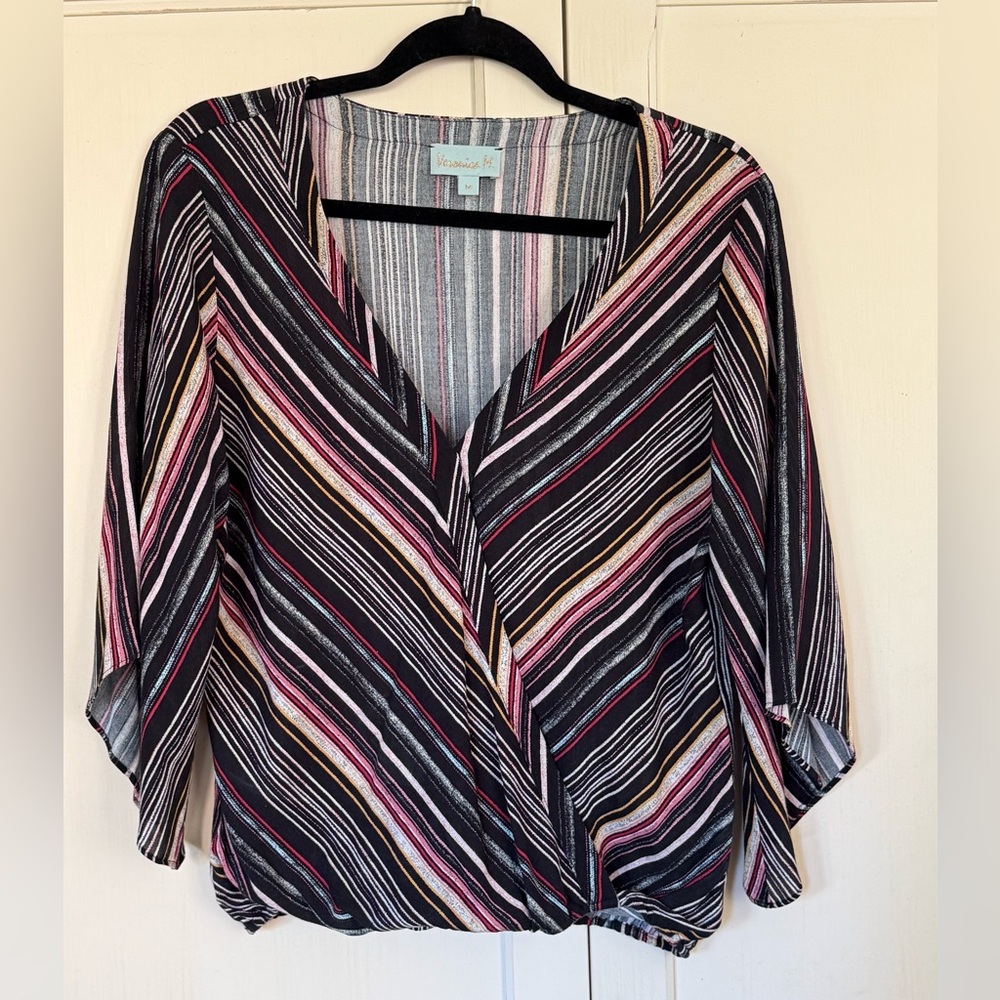 Veronica M multi colored Striped V-Neck Blouse
